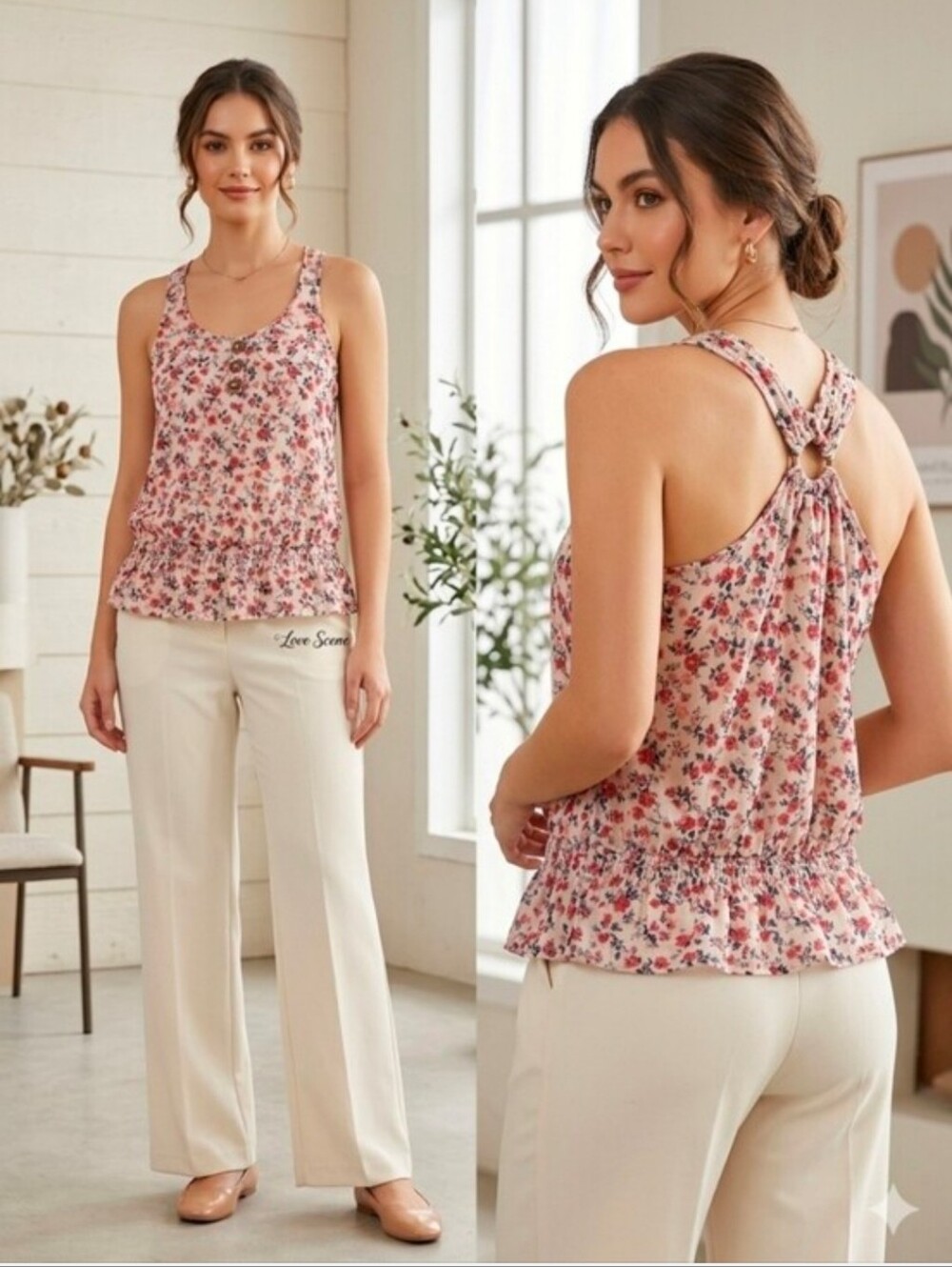 Women's Pink Floral Knot-Back Ruffle-Hem Camisole